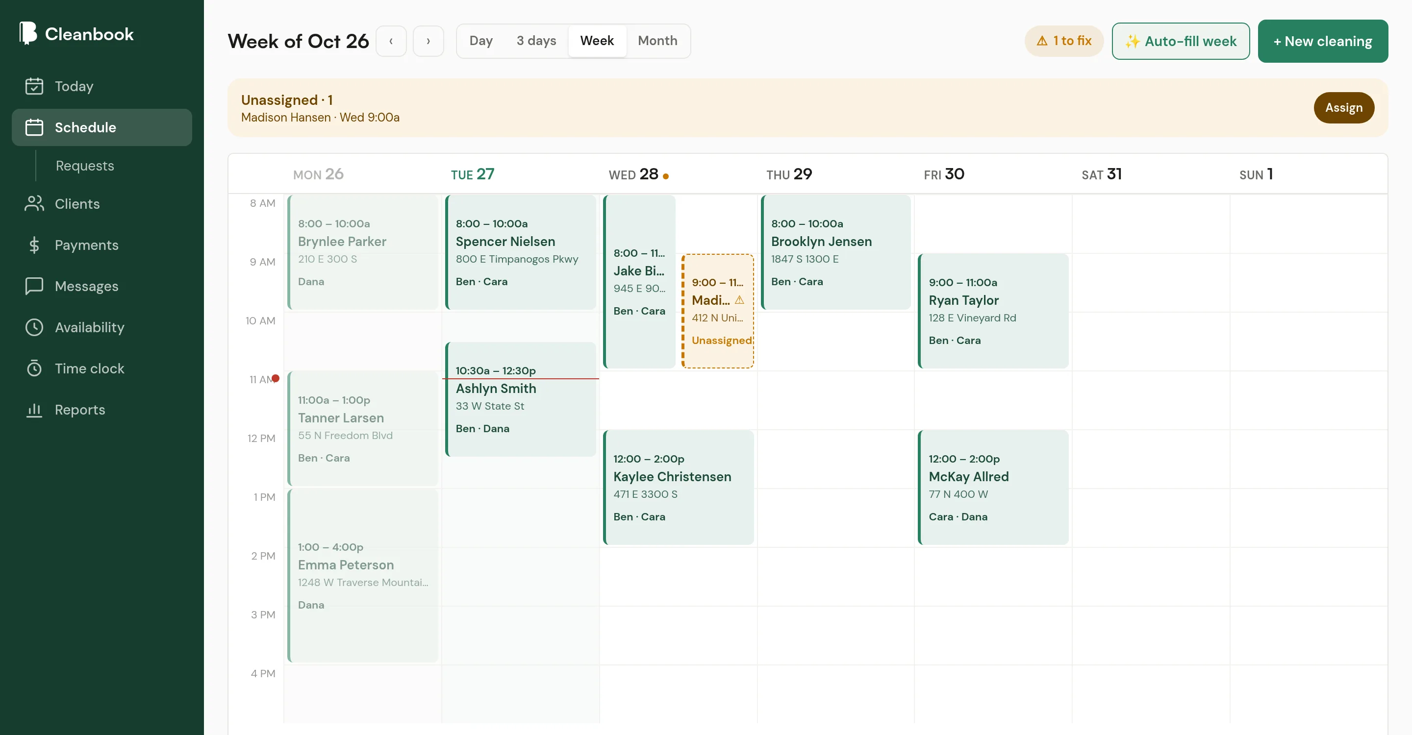 The Cleanbook web app's Schedule in week view, with each cleaning as a block on a time grid.