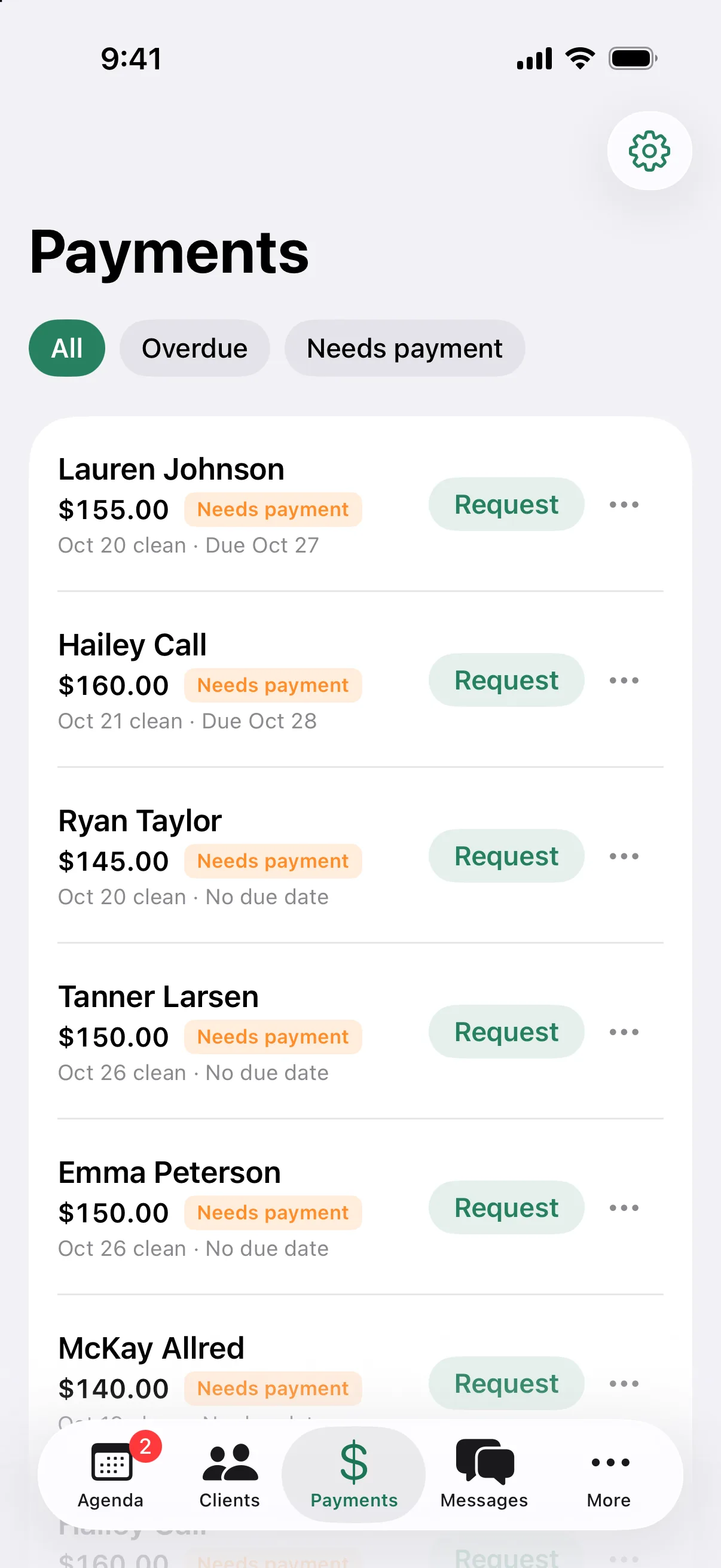 Payments in the iPhone app. Each unpaid cleaning has one Request button, with Mark paid and Copy pay link in the ⋯ menu.