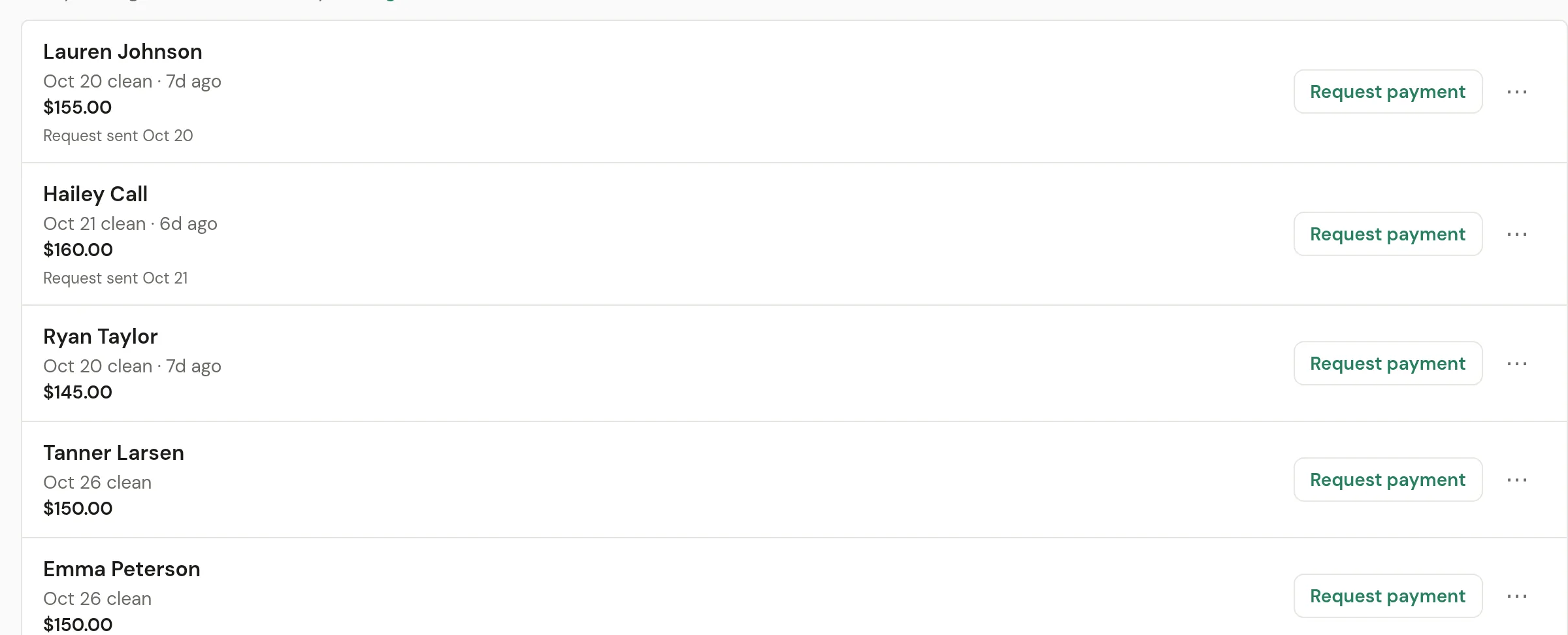 The web app's Payments list. Each cleaning has one Request payment button, with Mark paid and Copy pay link in the ⋯ menu.